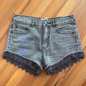 Free People Gray Denim Lace Trim Shorts